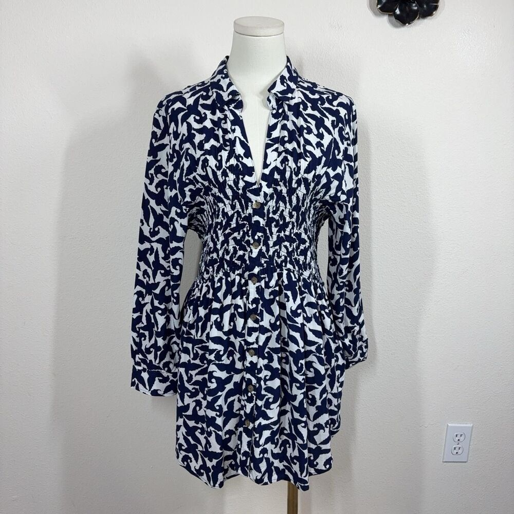 Maeve Anthropologie Dress Womens Medium Blue Shirt Smocked Mini Office
